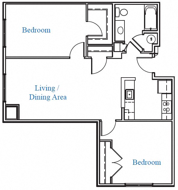 Floor plan for 2 beds, 1 bath, 1035 sqft